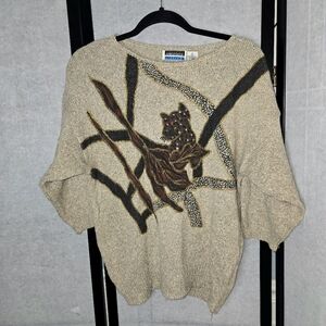 Vintage Black Cat Cheetah Abstract Print Silk Blend Biege Dolman Large Sweater